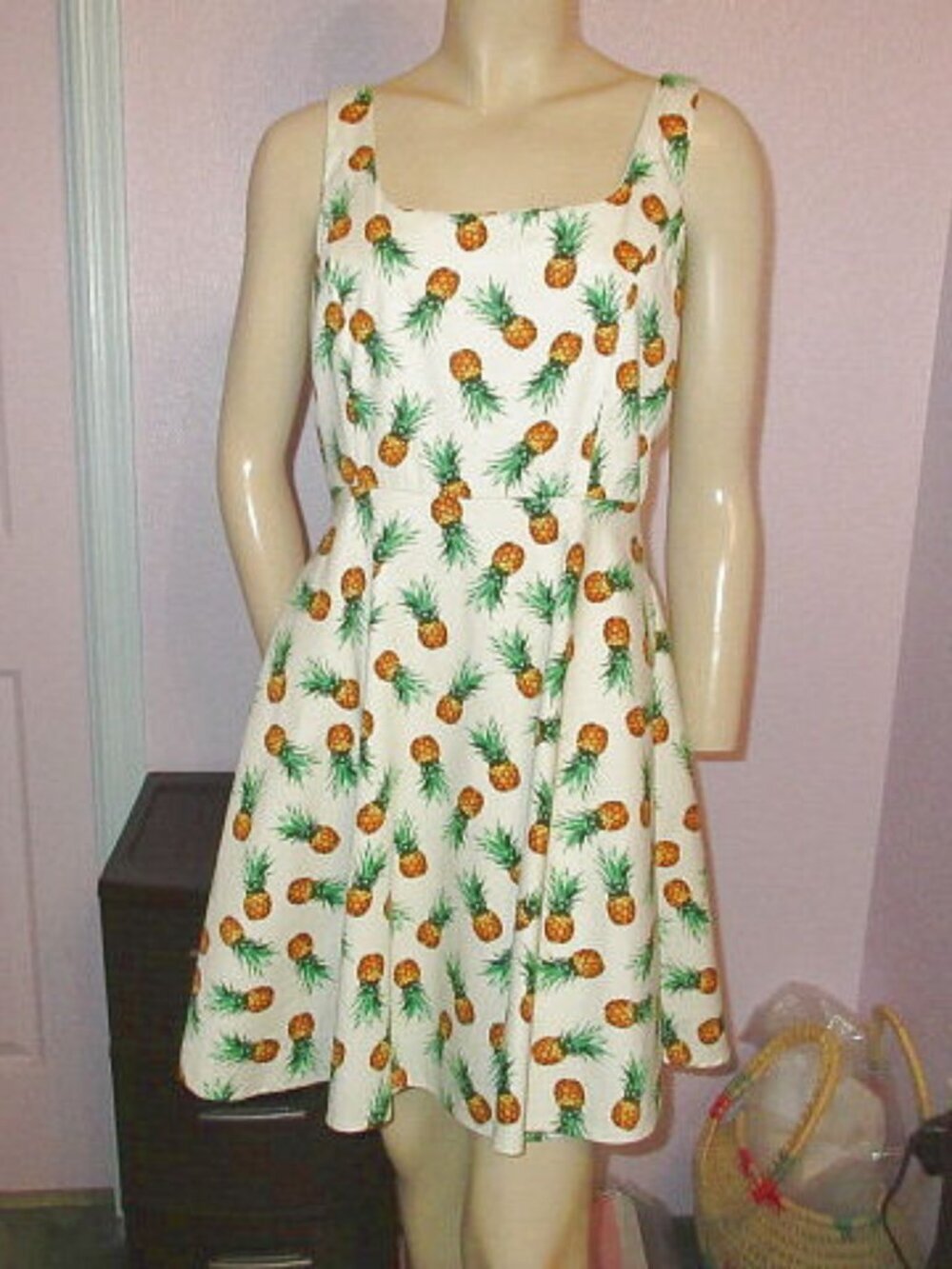 Vtg 50s Style Swing Dress Size L Pineapple Fit & Flare Tradwife Rockabilly Retro